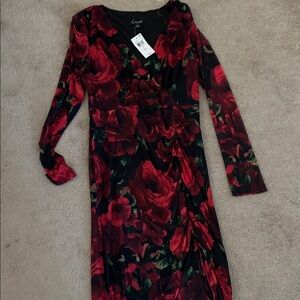 connected apparel Black Floral Wrap Dress with Red Roses